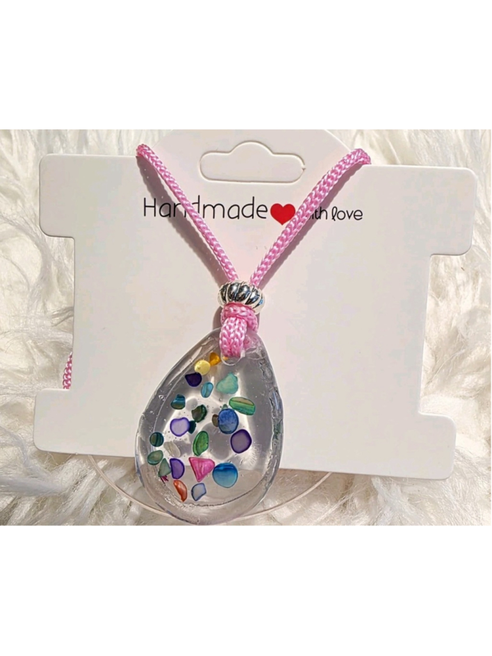 Handcrafted Adjustable Teardrop Resin Pendant Cord Necklace Pink/Multicolor